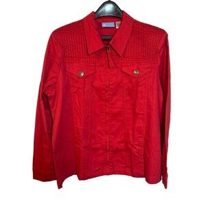 Koret Red Jean Blazer Jacket Womens Size Large Zipper Front Shoulder Pads